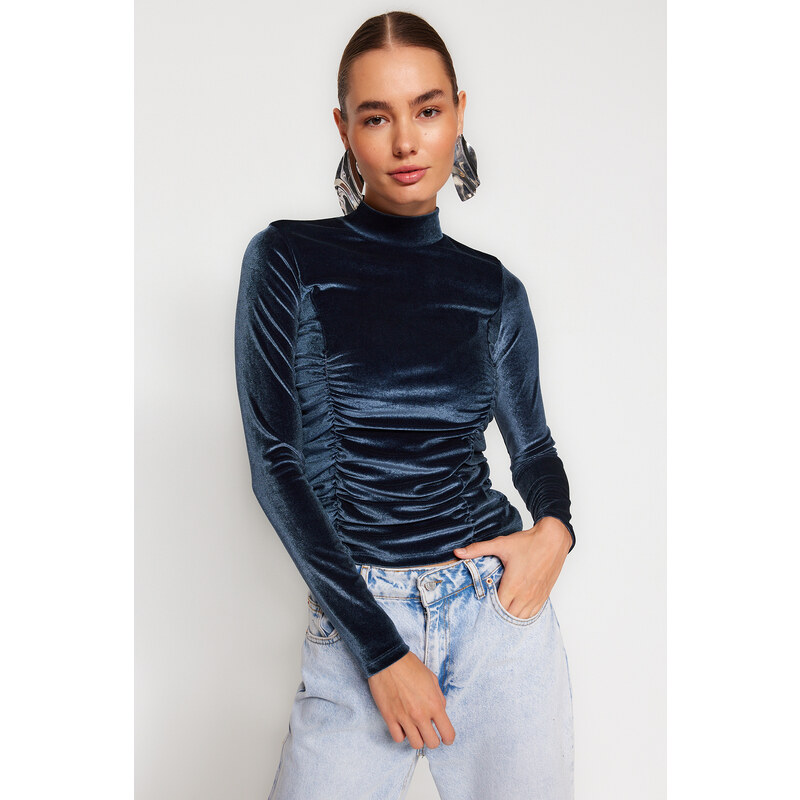 Trendyol Petrol Draped Fitted/Sleeved High Neck Velvet Knitted Blouse