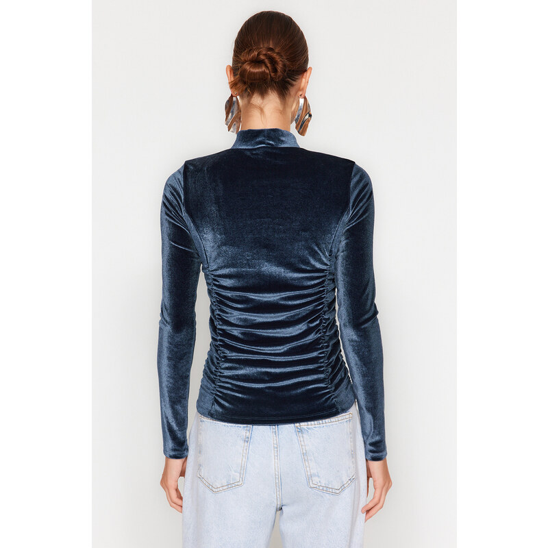 Trendyol Petrol Draped Fitted/Sleeved High Neck Velvet Knitted Blouse