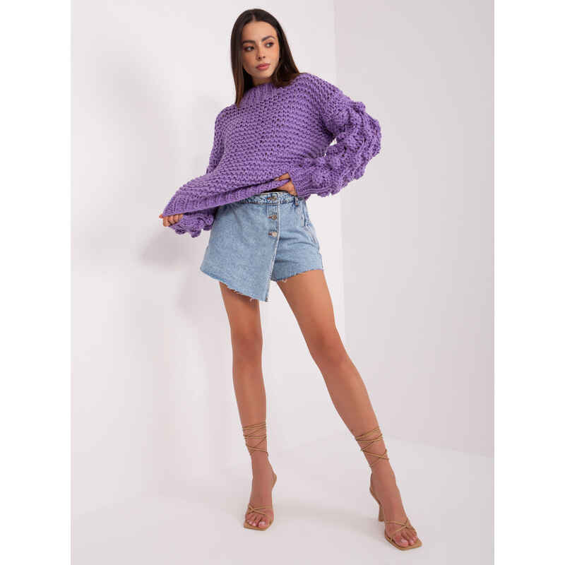 Fashionhunters Fialový oversize svetr s nabíranými rukávy