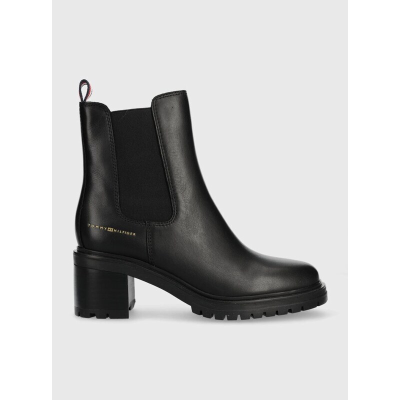 Kožené kotníkové boty Tommy Hilfiger ESSENTIAL MIDHEEL LEATHER BOOTIE dámské, černá barva, na podpatku, FW0FW07523