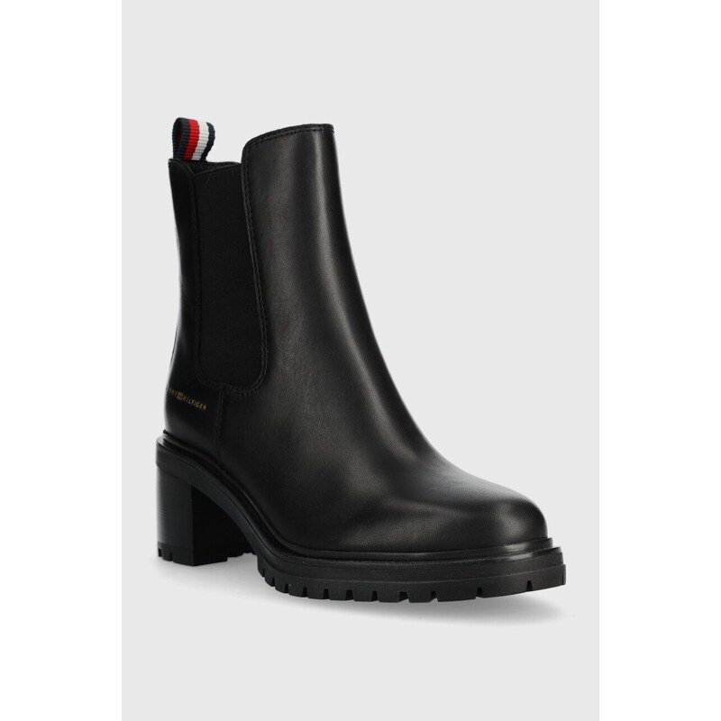 Kožené kotníkové boty Tommy Hilfiger ESSENTIAL MIDHEEL LEATHER BOOTIE dámské, černá barva, na podpatku, FW0FW07523