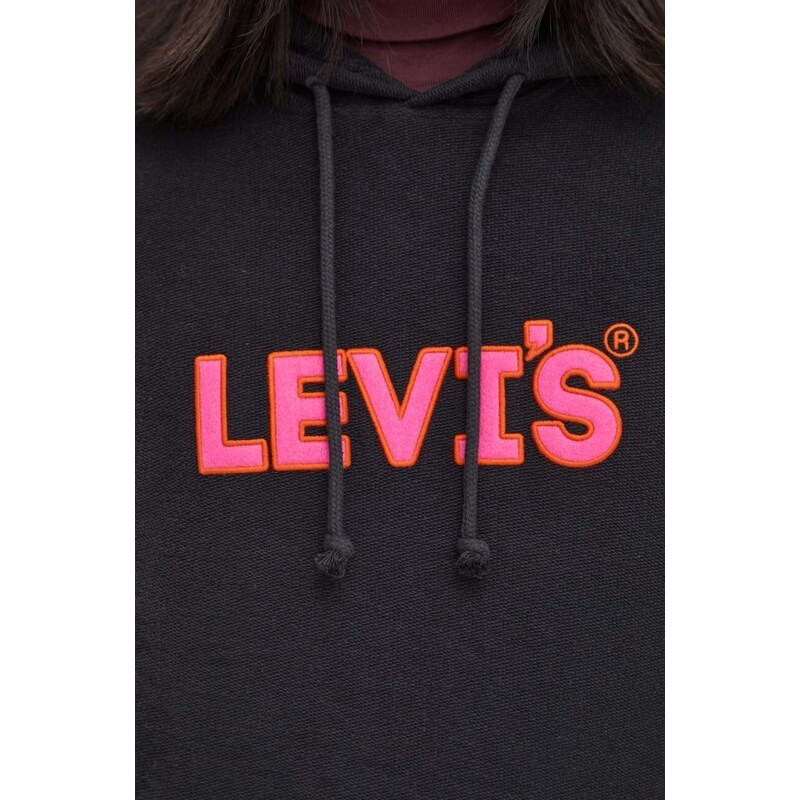 Bavlněná mikina Levi's pánská, černá barva, s kapucí, s aplikací