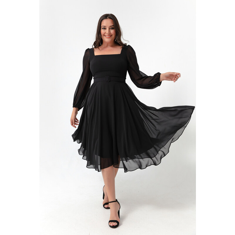 Lafaba Women's Black Square Neck Belted Midi Chiffon Plus Size Evening Dress.