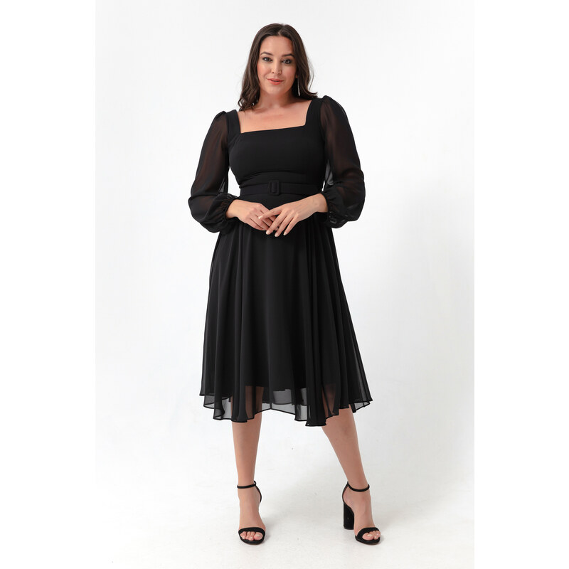 Lafaba Women's Black Square Neck Belted Midi Chiffon Plus Size Evening Dress.