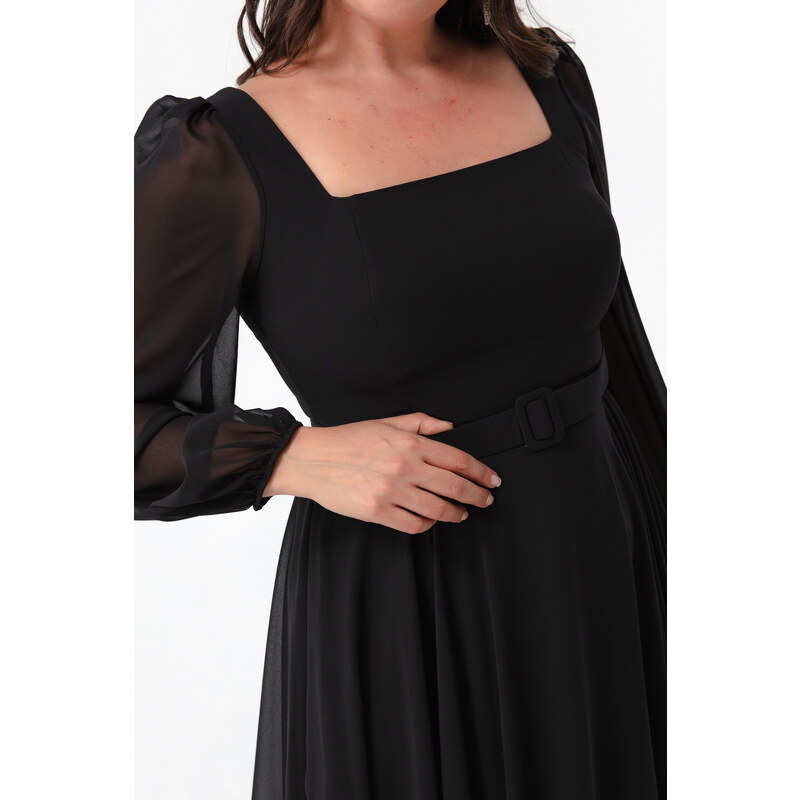 Lafaba Women's Black Square Neck Belted Midi Chiffon Plus Size Evening Dress.