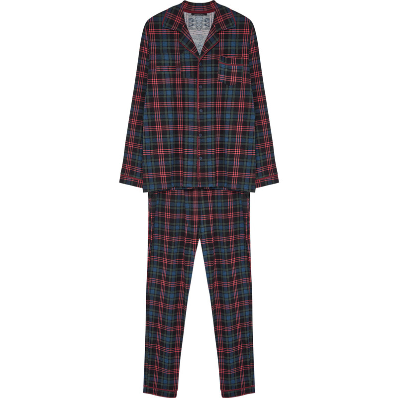 Trendyol Navy Blue Regular Fit Plaid Knitted Pajamas Set