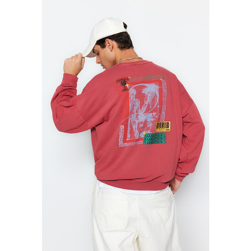 Trendyol Pale Pink Oversize Weathered/Faded Effect Back Printed Cotton Sweatshirt