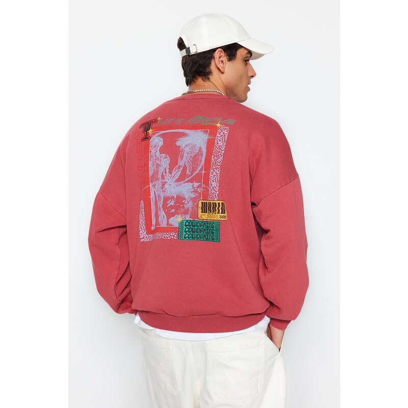 Trendyol Pale Pink Oversize Weathered/Faded Effect Back Printed Cotton Sweatshirt