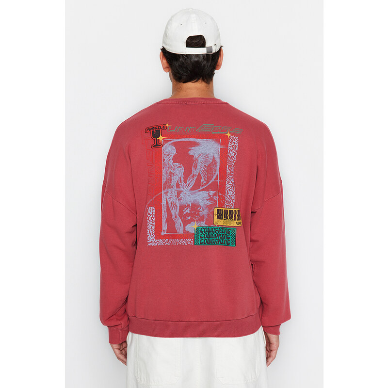 Trendyol Pale Pink Oversize Weathered/Faded Effect Back Printed Cotton Sweatshirt