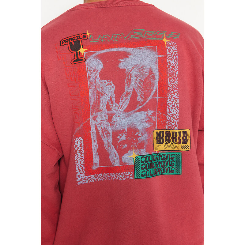Trendyol Pale Pink Oversize Weathered/Faded Effect Back Printed Cotton Sweatshirt