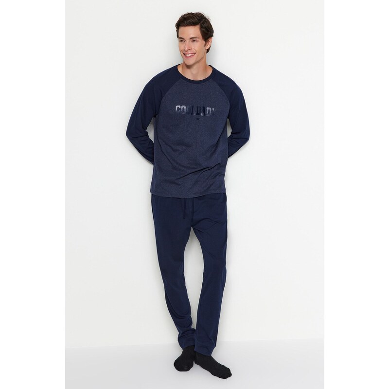 Trendyol Navy Blue Printed Raglan Sleeve Knitted Pajamas Set