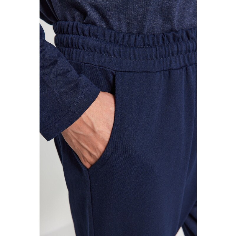 Trendyol Navy Blue Printed Raglan Sleeve Knitted Pajamas Set