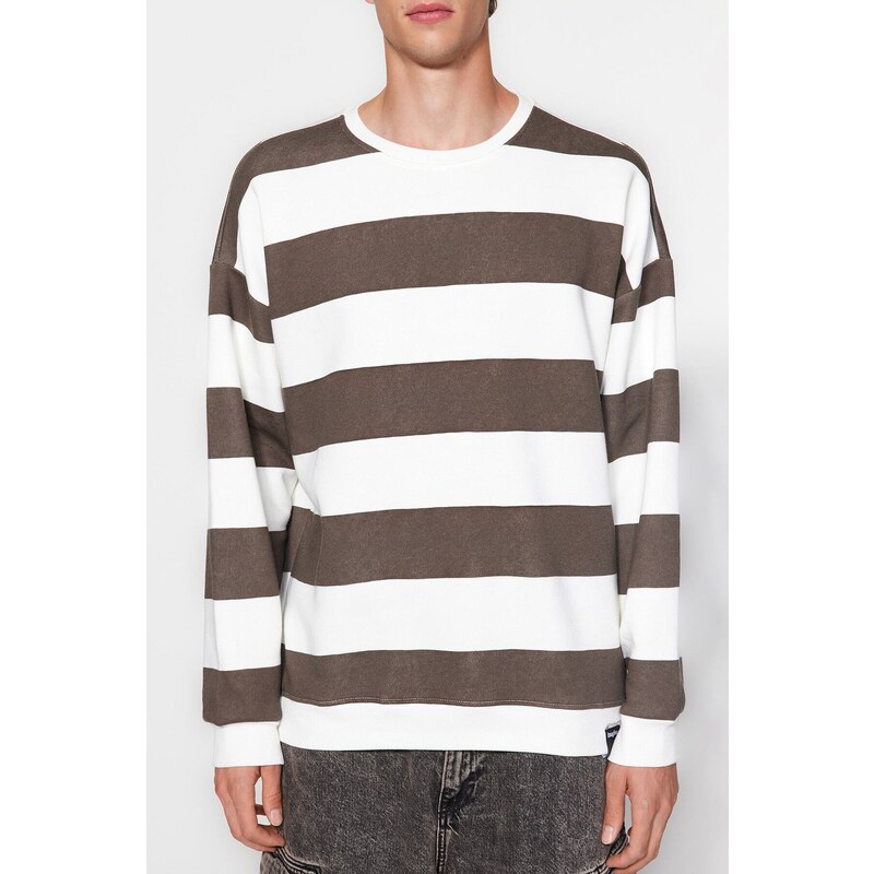 Trendyol Mink Oversize/Wide Cut Crew Neck Striped Fleece Inside Cotton Sweatshirt