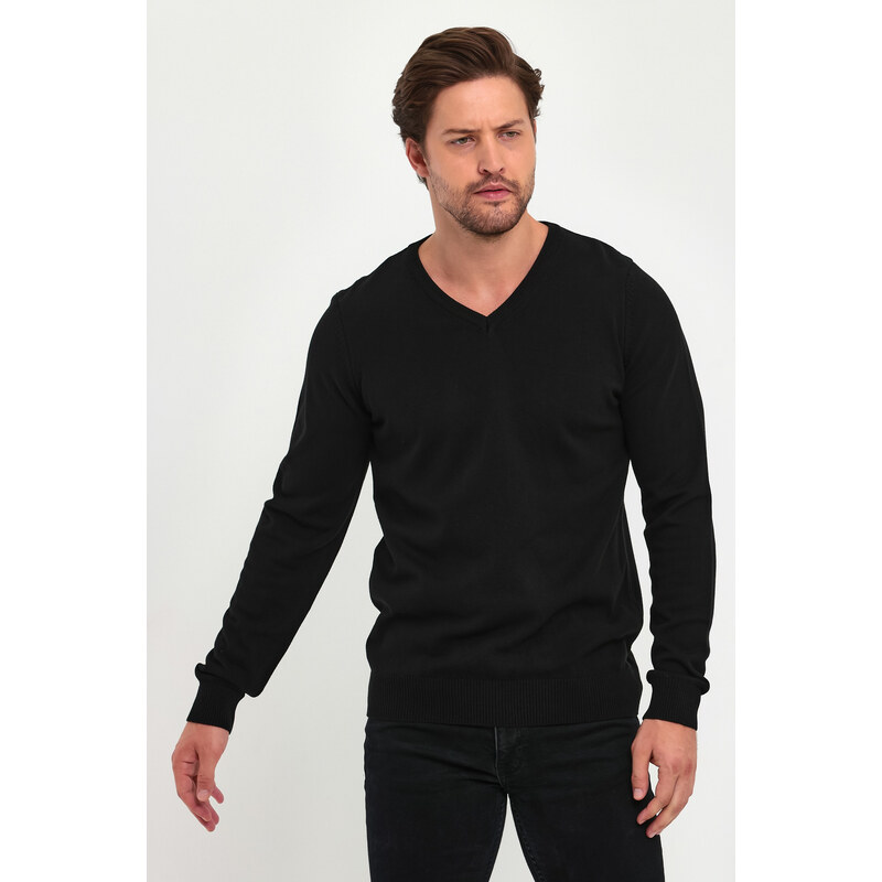 Lafaba Men's Black V-Neck Basic Knitwear Sweater