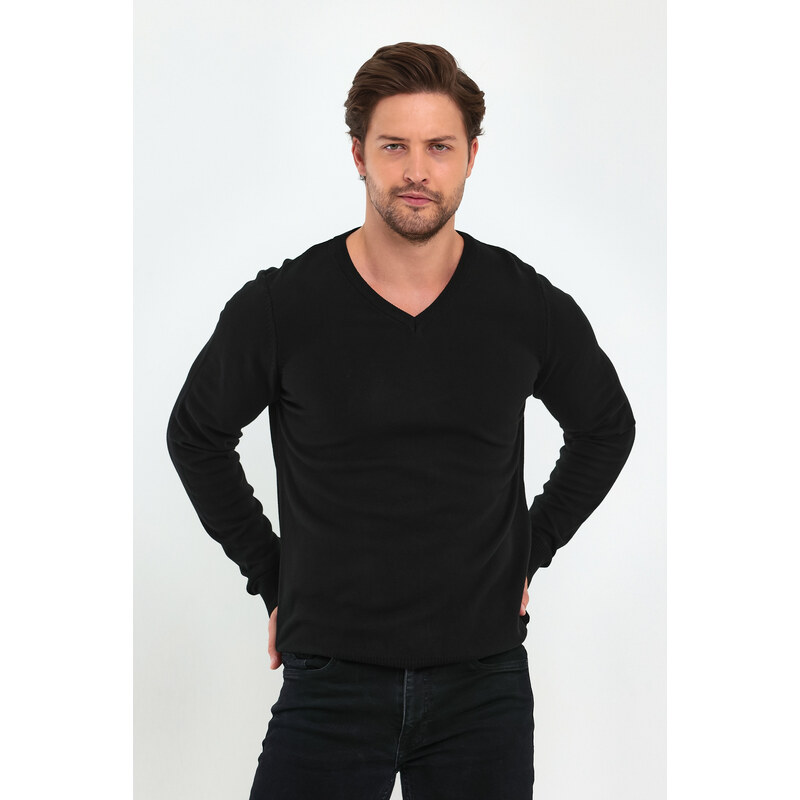 Lafaba Men's Black V-Neck Basic Knitwear Sweater