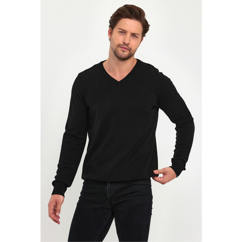 Lafaba Men's Black V-Neck Basic Knitwear Sweater