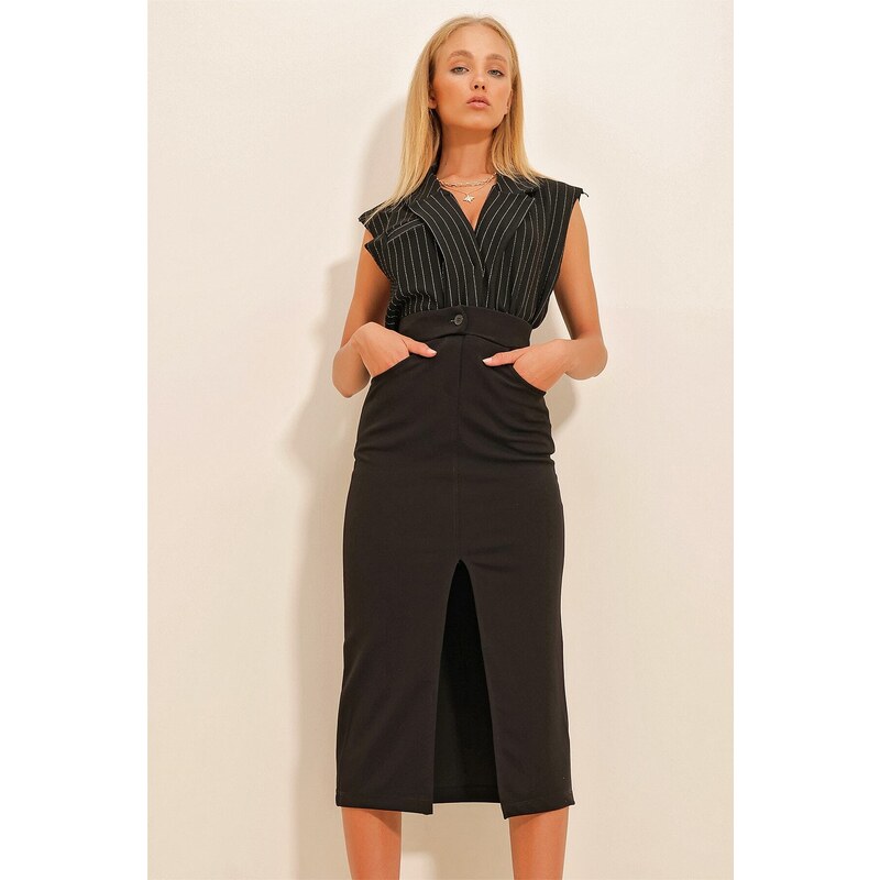 Trend Alaçatı Stili Women's Black Slit Midilength Skirt