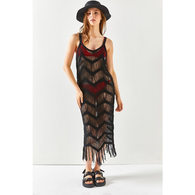 Olalook Dámské černé páskové průhledné pletené plážové šaty