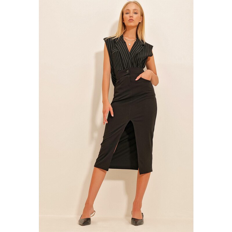 Trend Alaçatı Stili Women's Black Slit Midilength Skirt