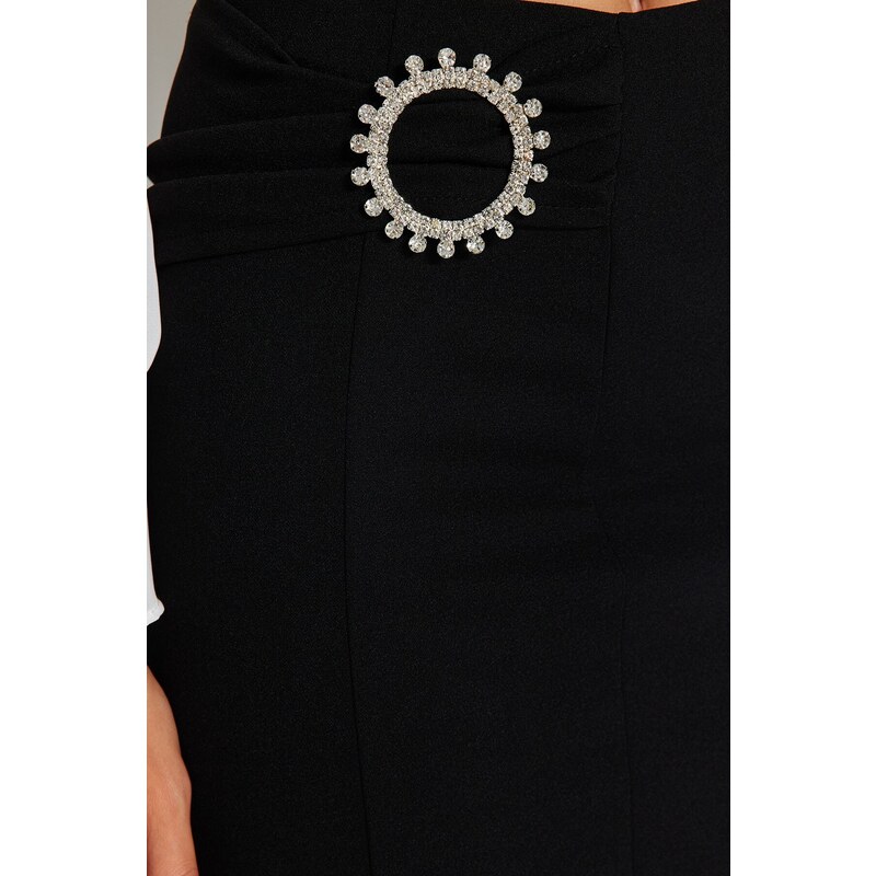 Trendyol Black Crepe Midi Knitted Skirt With Buckle