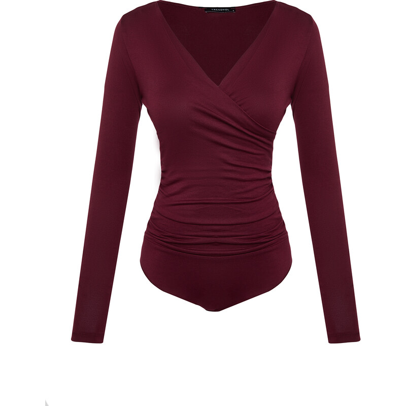 Trendyol Burgundy Fitted Viscose Gathered V-Neck Elastic Snaps Knitted Body