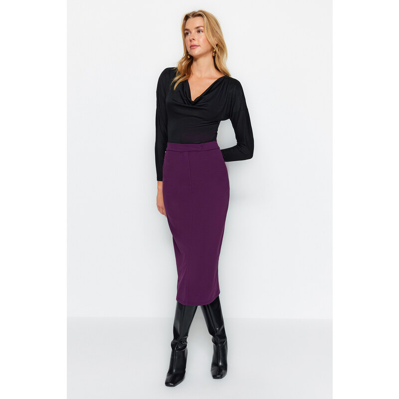 Trendyol Purple Smart Crepe Belt Detailed Fleto Pocket Midi Pencil High Waist Elastic Knitted Skirt