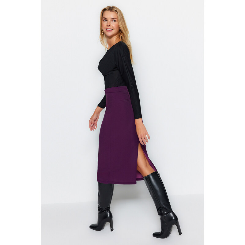 Trendyol Purple Smart Crepe Belt Detailed Fleto Pocket Midi Pencil High Waist Elastic Knitted Skirt