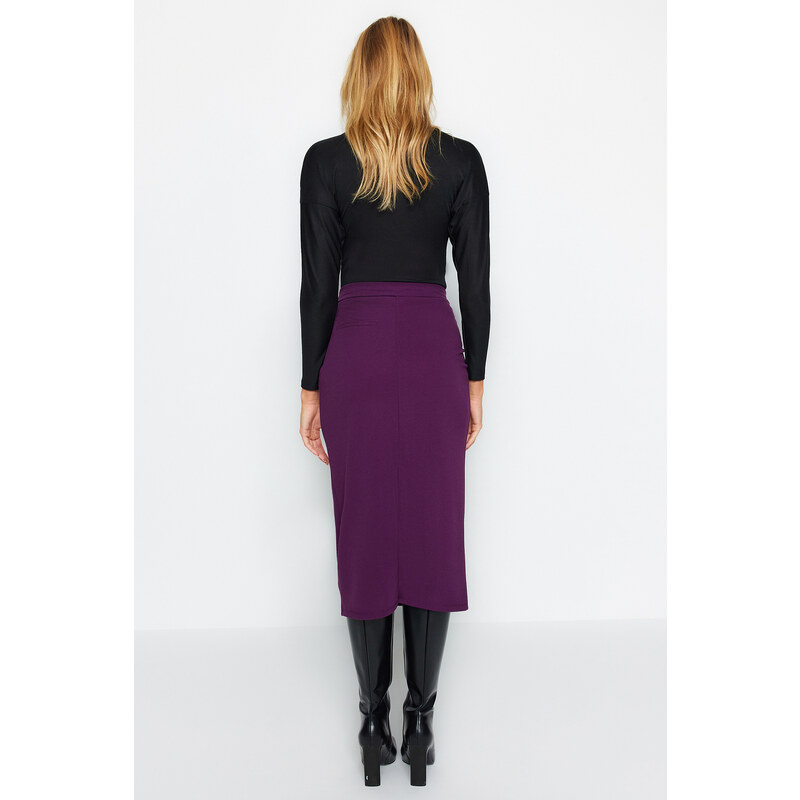 Trendyol Purple Smart Crepe Belt Detailed Fleto Pocket Midi Pencil High Waist Elastic Knitted Skirt