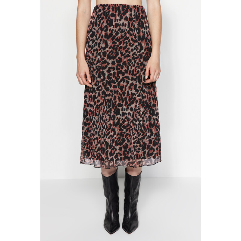 Trendyol Multi-Colored Leopard Print Lined Tulle A-Line/Awning A-Line Formal Midi Skirt