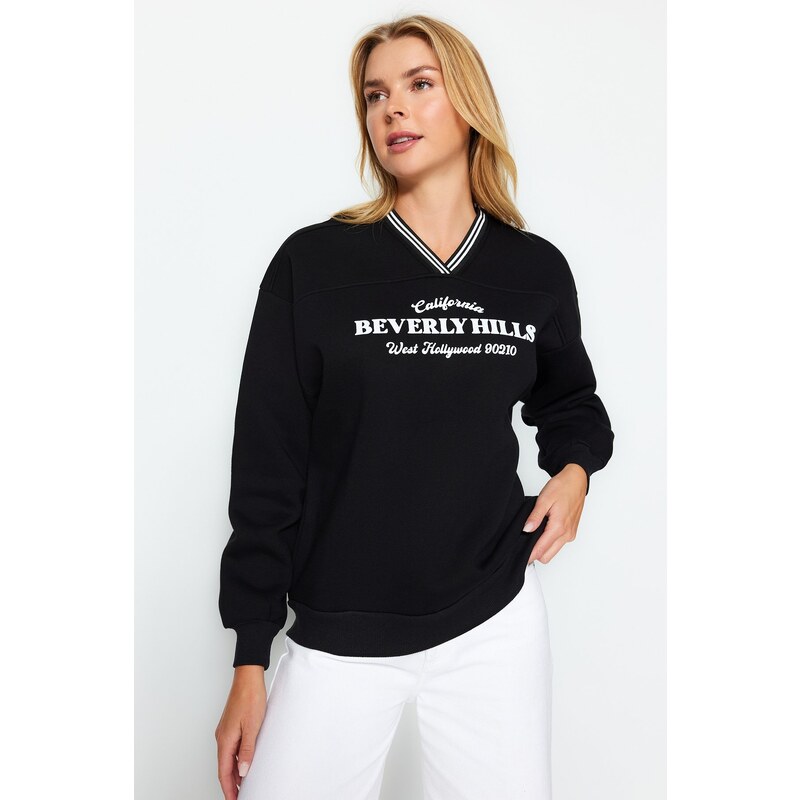 Trendyol Black Oversize/Wide Fit Knitwear Detailed with a tagline, Fleece Inside Knitted Sweatshirt