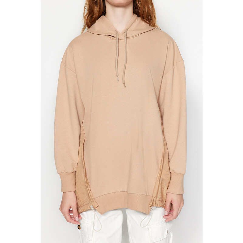 Trendyol Camel Hooded Back Parachute Detail Knitted Sweatshirt