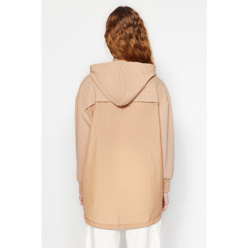 Trendyol Camel Hooded Back Parachute Detail Knitted Sweatshirt