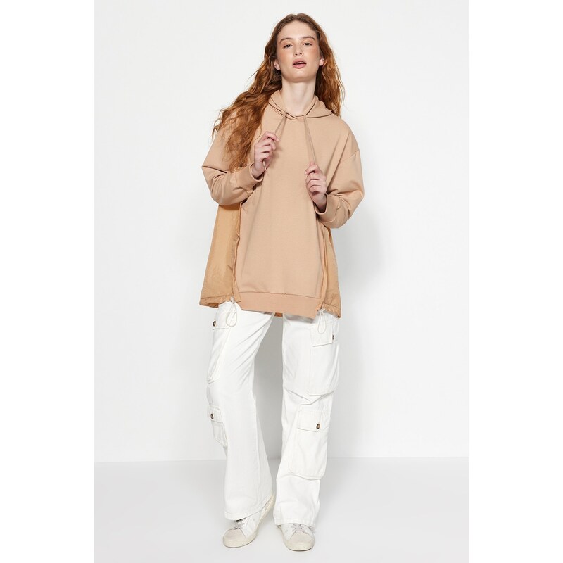 Trendyol Camel Hooded Back Parachute Detail Knitted Sweatshirt