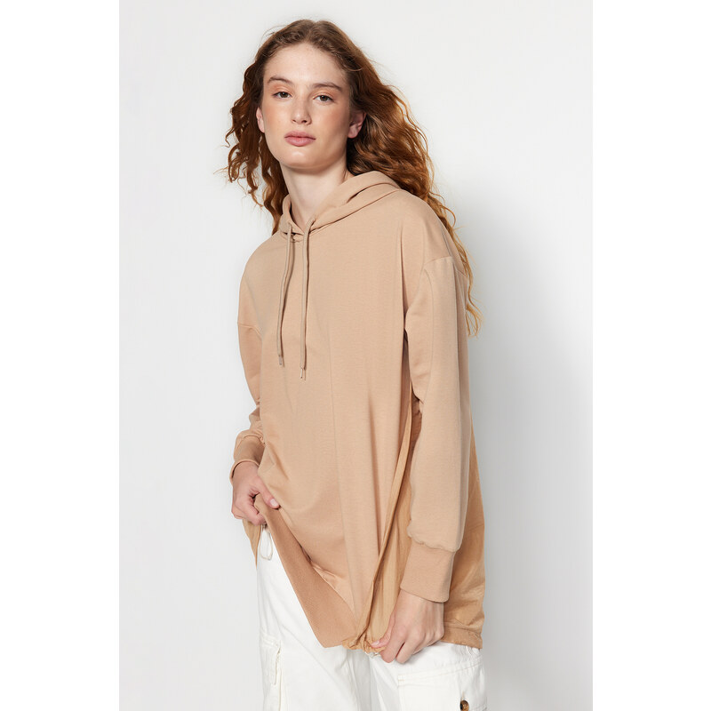 Trendyol Camel Hooded Back Parachute Detail Knitted Sweatshirt