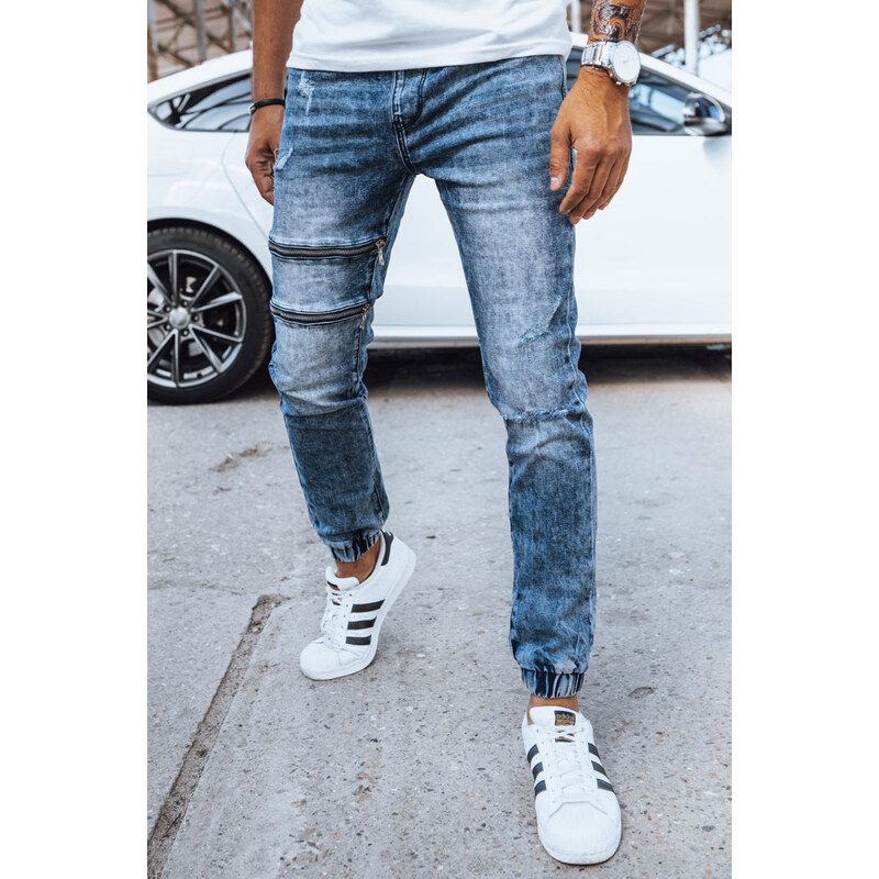 BASIC MODRÉ DŽÍNOVÉ JOGGER KALHOTY SE ZIPY Denim vzor