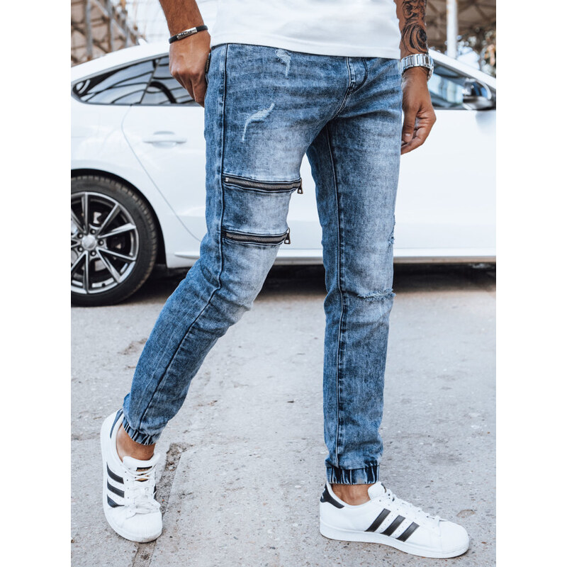 BASIC MODRÉ DŽÍNOVÉ JOGGER KALHOTY SE ZIPY Denim vzor