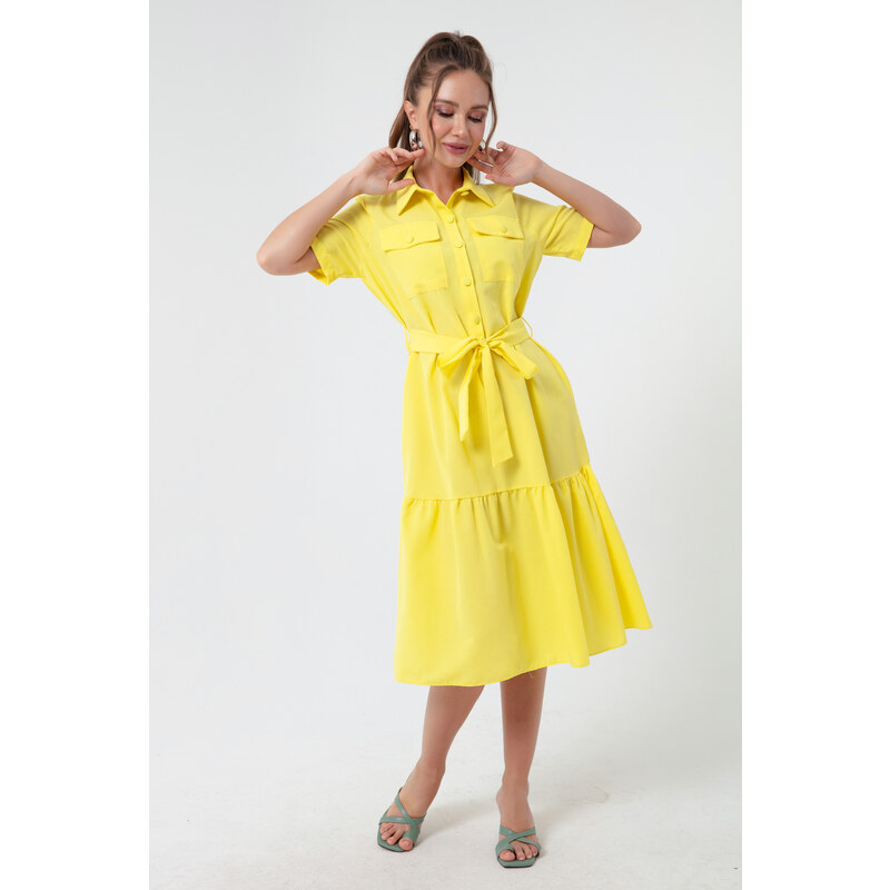 Lafaba Women's Yellow Covered Buttons and Belted Dress Wide Sizes