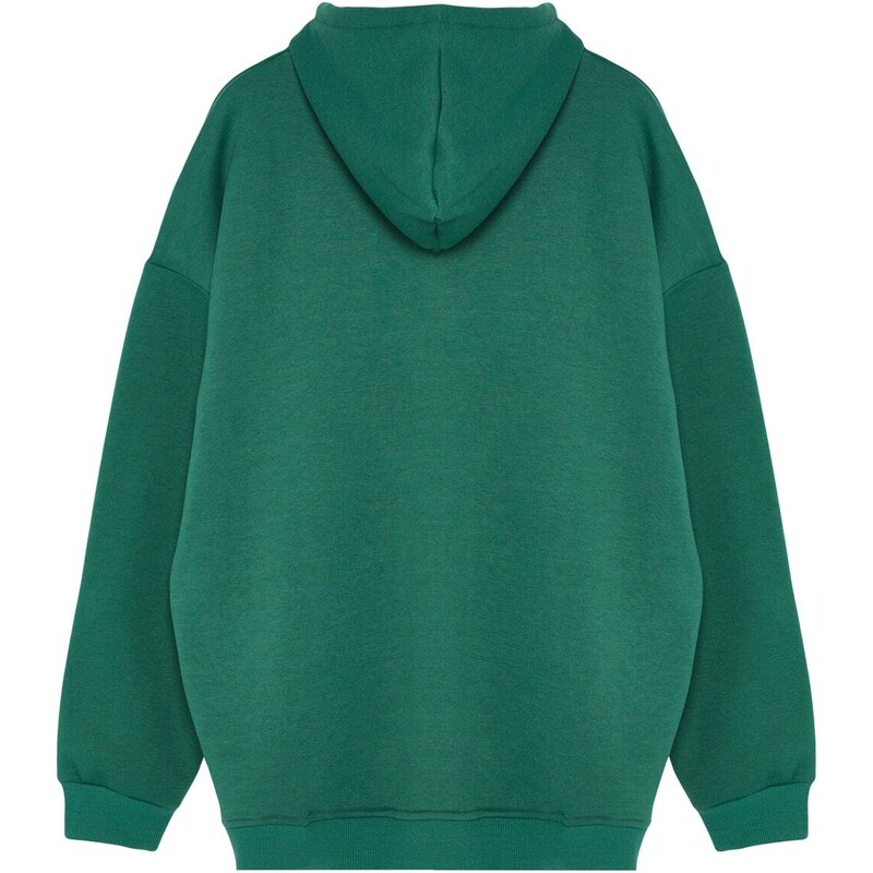 Trendyol Green Plus Size Basic Comfortable Hooded Labeled Fleece Cotton Sweatshirt