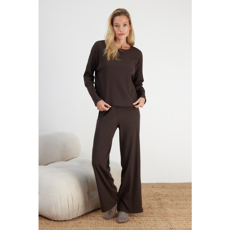 Trendyol Brown Corded Cotton Tshirt-Pants Knitted Pajama Set