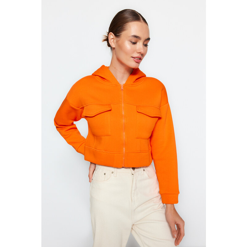 Trendyol Orange Relaxed-Cut Crop Pocket Detailed Hoodie, Fleece Inner Knitted Sweatshirt