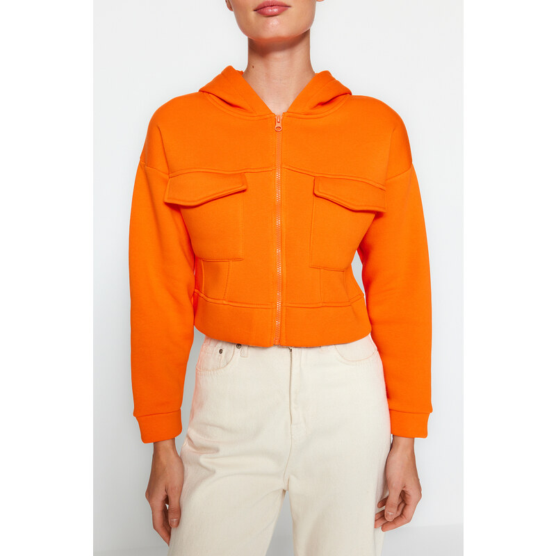 Trendyol Orange Relaxed-Cut Crop Pocket Detailed Hoodie, Fleece Inner Knitted Sweatshirt