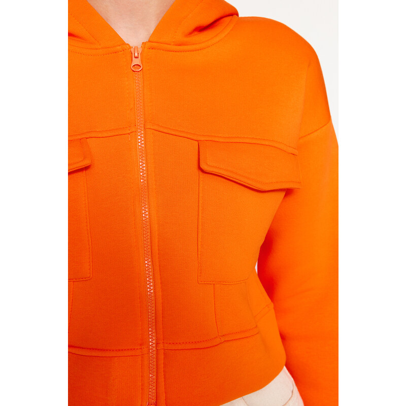 Trendyol Orange Relaxed-Cut Crop Pocket Detailed Hoodie, Fleece Inner Knitted Sweatshirt