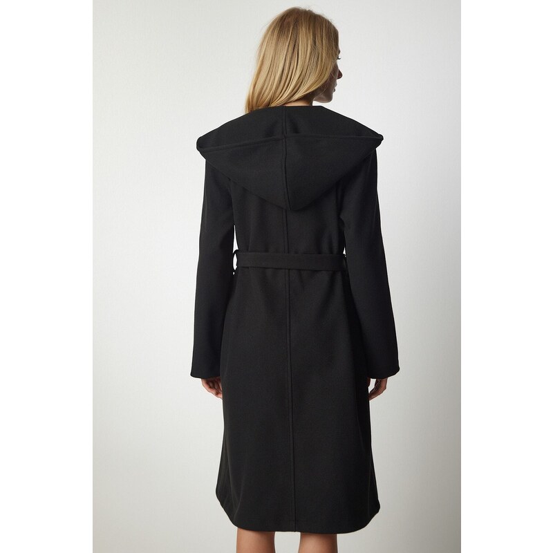 Happiness İstanbul Štěstí İstanbul Dámský černý kabát s kapucí s páskem s razítkem