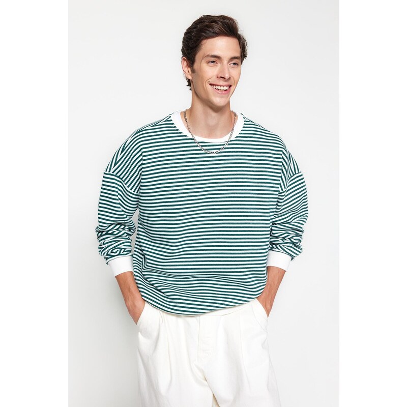 Trendyol Green Oversize/Wide-Fit Striped Fleece Cotton Sweatshirt