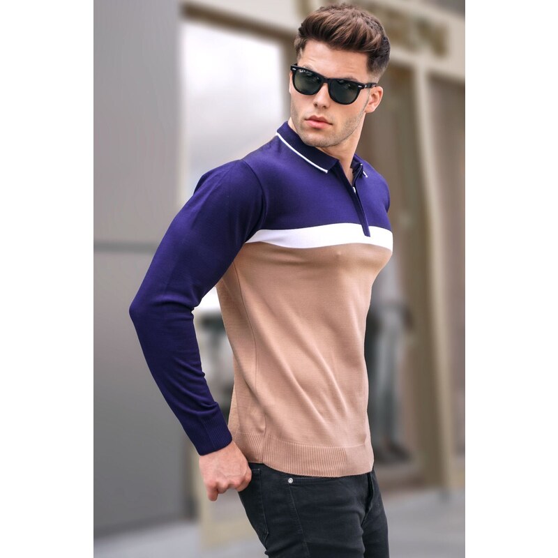 Madmext Beige Zippered Polo Neck Knitwear Sweater 5787