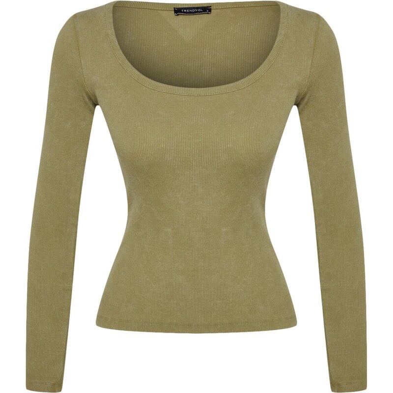 Trendyol Khaki Faded/Faded Effect Ribbed Pool Neck Fitted Cotton Stretch Knitted Blouse