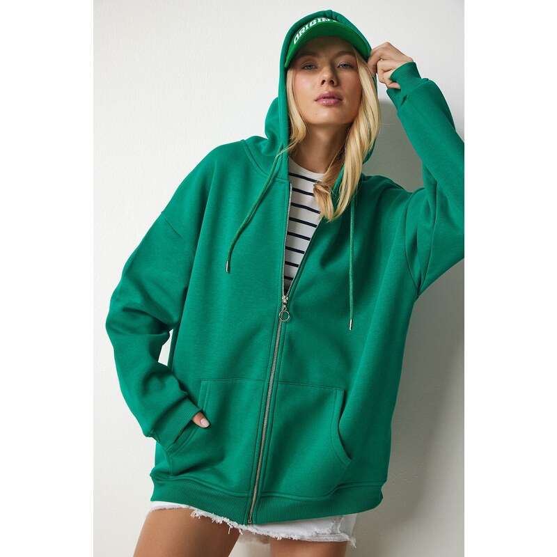 Happiness İstanbul Women's Green Hoodie with Zipper Oversized Sweatshirt