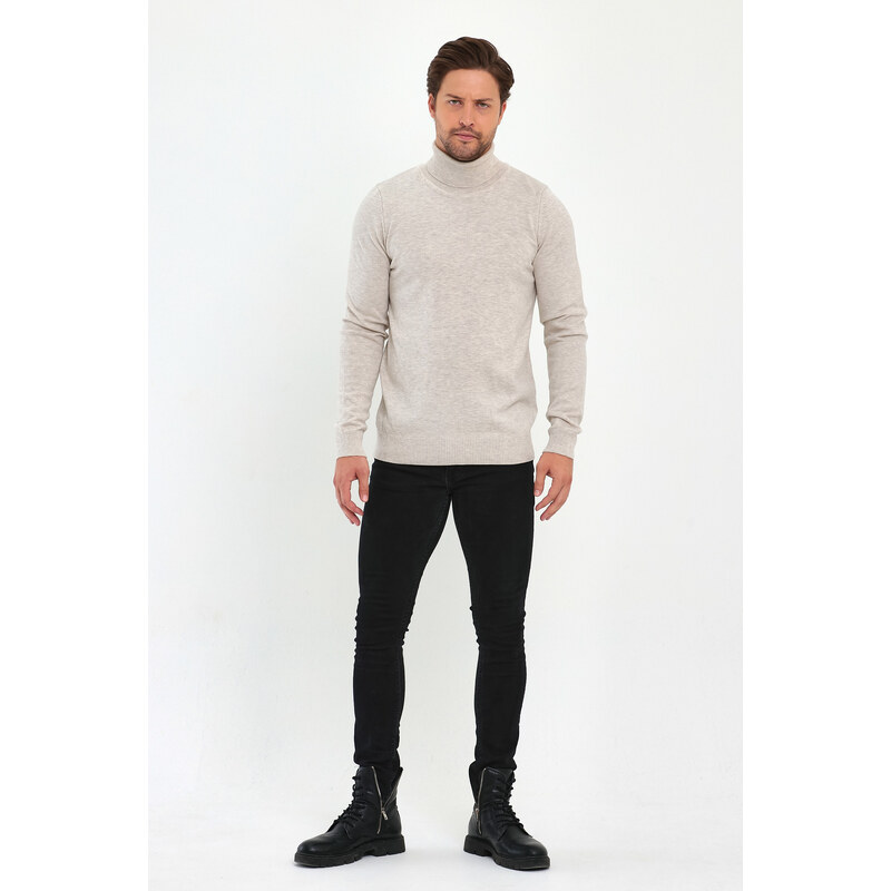 Lafaba Men's Beige Turtleneck Basic Knitwear Sweater