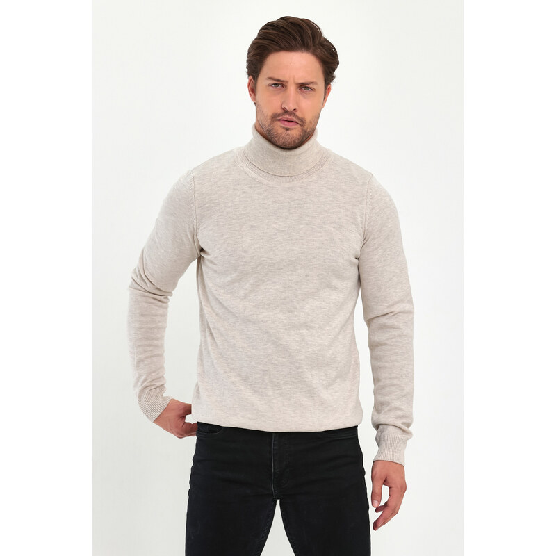 Lafaba Men's Beige Turtleneck Basic Knitwear Sweater