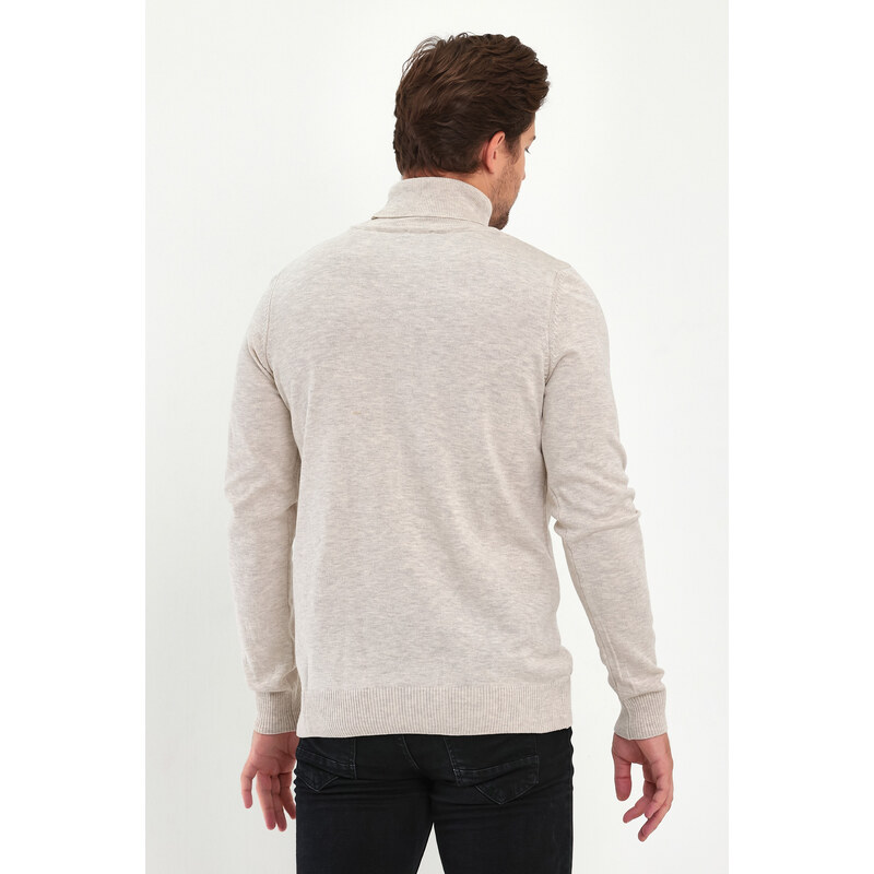 Lafaba Men's Beige Turtleneck Basic Knitwear Sweater